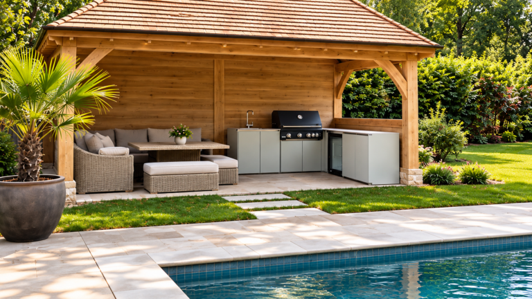 Grey outdoor kitchen beneath a timber garden pavilion, overlooking a lawn and swimming pool